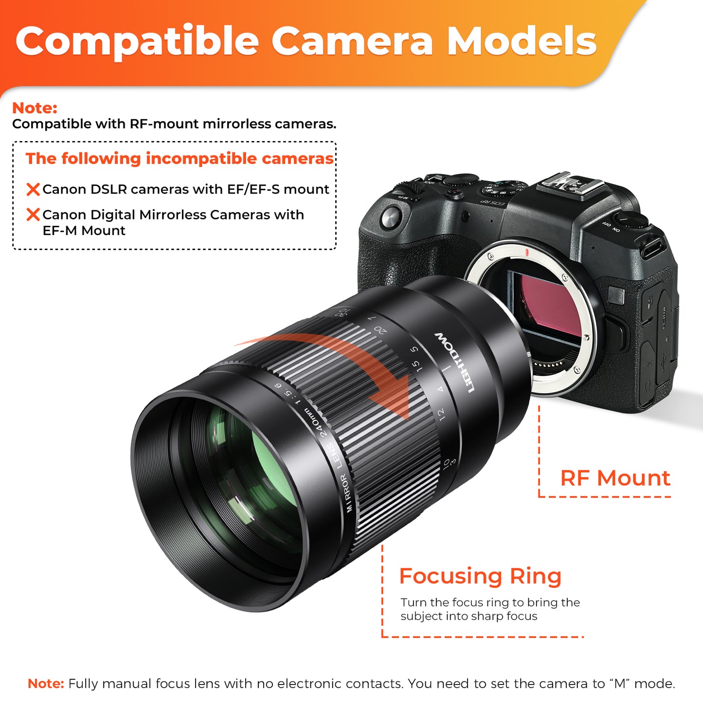 Lightdow EF 240mm F5.6 Reflex Lens - Telephoto Manual DSLR Cameras Lens