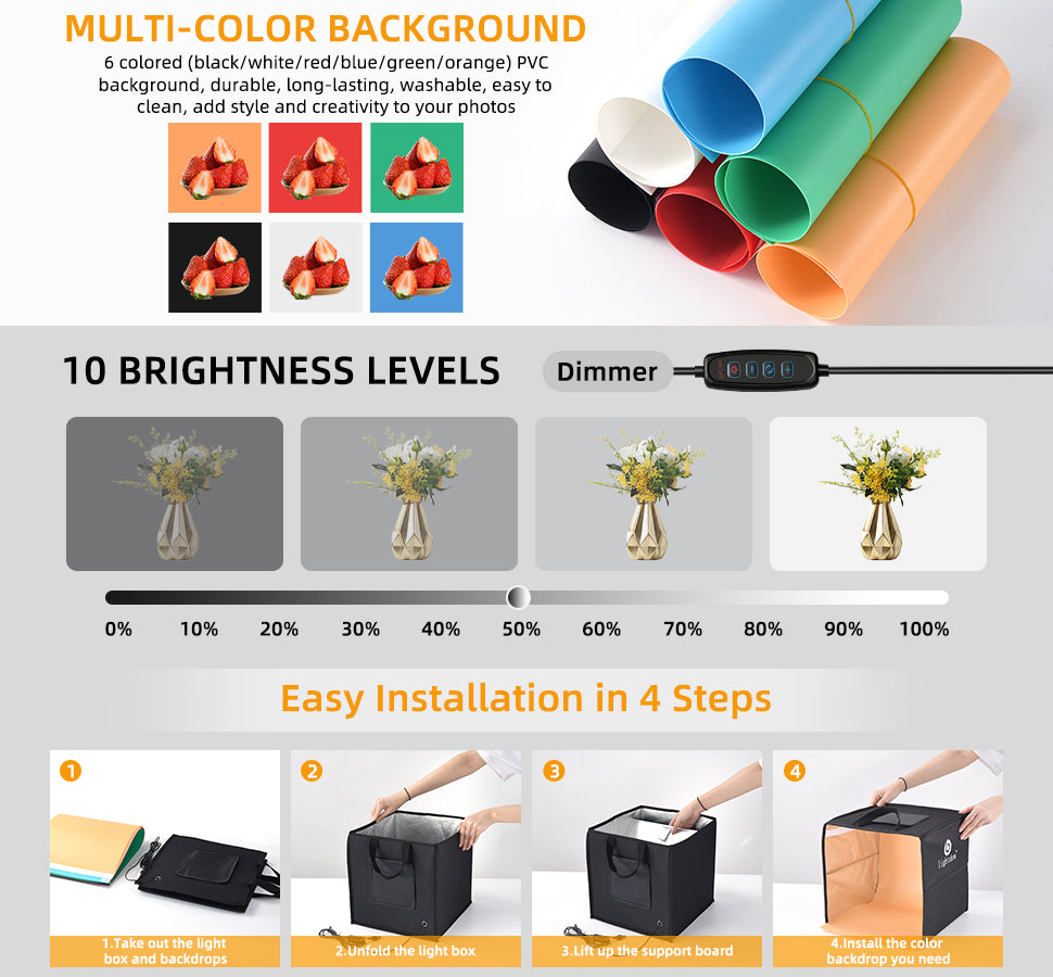 Lightdow Photo Studio Light Box Photography with Desktop Tripod & 120 LEDs (CRI>95), 6 Backdrops - Portable/Dimmable Folding Shooting Tents for Toys/Jewelry/Watches/Cosmetics